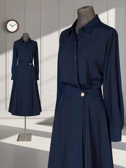 Franclia 海军蓝色长袖中长连衣裙，时尚法式束腰，适合秋季女性