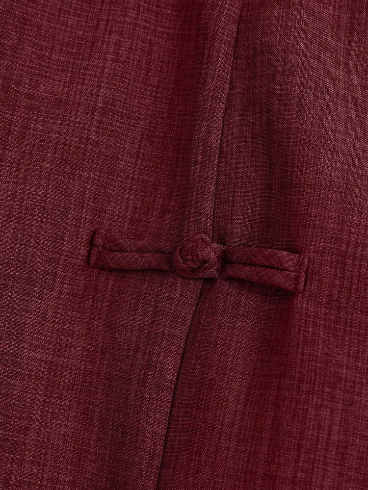 Linhara Pantalones cortos de mujer talla grande de verano de lino, casuales, para ir al trabajo o salir, con cintura elástica, bajo redondeado, diseño de abertura y decoración de nudo chino con botones - Burdeos - Añade 5