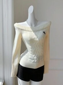 Comfortcana 女式休闲骑士图案露肩插肩长袖毛衣