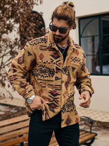 Manfinity Homme Men's Geometric Pattern Button-Up Pocket Shacket, Autumn/Winter,Boyfriend Gift,Winter Warm Jacket,Fall Winter Men Jacket,Coral Fleece Jacket, For Christmas