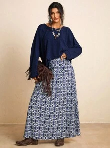SHEIN LUNE Plus Size Women Holiday Casual Knit Top & Allover Print Skirt 2 Pieces Set Fall/Winter Clothes Chic - Navy Blue - View 3