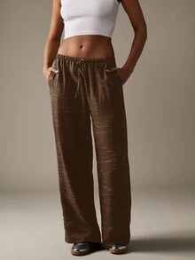 MISSGUIDED Quần Palazzo ống rộng có dây rút họa tiết, chất liệu vải lanh, mặc nhà, có cạp chun, hoàn hảo cho trang phục thường ngày mùa thu đông - Màu nâu Sô-cô-la - Xem 6