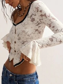 Bohemela 波西米亚风度假休闲纯色针织蕾丝喇叭袖V领女式衬衫 - 白色 - 查看 1