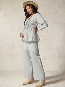 Boho Mama 2件套孕妇休闲通勤条纹领带衬衫和裤子套装 - 黑與白 - 查看 4