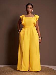 Veslaya 2025 新款女士曲线紧身连衣裤方领荷叶袖褶皱上衣高腰阔腿裤优雅裤套装 - 黃色 - 查看 1
