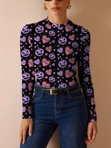 Glamance Sonchs Curiosities Women's Black Long Sleeve Pumpkin Print Tight Fit T-Shirt, Autumn Halloween Shirt Halloween Top Pumpkin Shirt Kawaii Halloween Cute Halloween Shirt Going Out Fall Elegant Top Winter - White - View 1