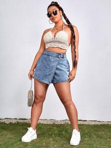 SHEIN Essnce Plus Size Women Asymmetric Hem Casual Denim Skort With Waist Button Design
