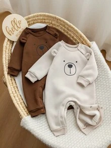 2件套新生儿卡通印花圆领长袖连体衣，摩卡色图案，男女宝宝通用连体衣，中性婴儿服装，男女宝宝小熊连体衣，秋冬季 - 彩色 - 查看 7
