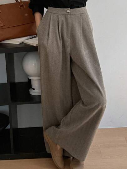 DAZY Women's Herringbone Woolen Wide Leg Pants, Loose Pockets Casual Street Style Trousers For Autumn