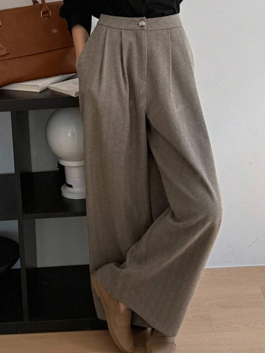 DAZY 女式人字纹羊毛阔腿裤，宽松口袋，秋季休闲街头风格长裤 - 棕色 - 查看 1