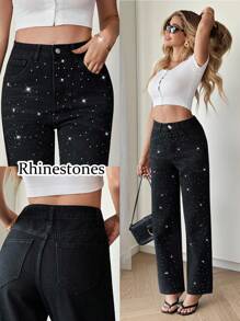 Siren Gaze Women's Summer Fall Autumn Back To School Homecoming Halloween Y2k Cute Streetwear Goth Grunge Techno Birthday Night Out Going Out Club Airport Business Casual Woman Country Vintage Modest Old Money Business Casual Woman Work Clothes Solid Color Minimalist Everyday Rhinestone Decorated Denim Black Jeans Black - Black - View 1