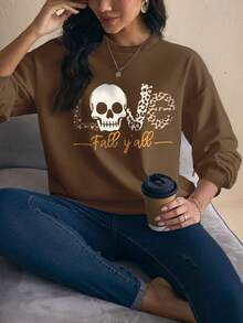 Glamance BiGraphic 女士字母与骷髅印花圆领落肩长袖休闲运动衫棕色长袖秋季运动衫棕色运动衫女士骷髅印花运动衫豹纹运动衫 - 咖啡棕 - 查看 1