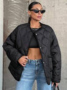 SHEIN Tall 绗缝双口袋系带冬季外套，休闲，日常穿着 - 黑色 - 查看 6