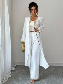 Elenzga 女士金色蕾丝拼接宽松长款休闲优雅两件套服装，适合外出、日常穿着、秋季 - 白色 - 查看 4
