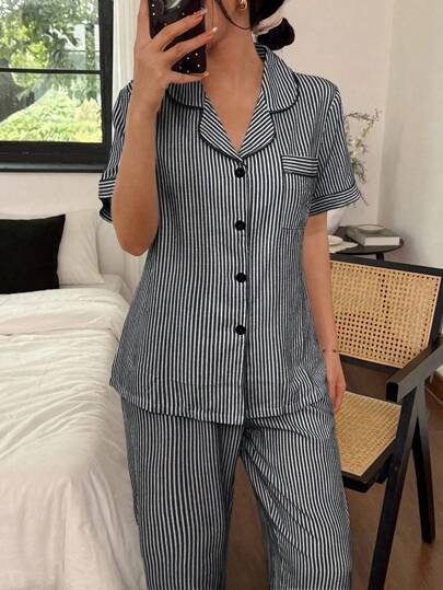 Zwart Wit Gestreepte Pajama Pant Set Women Regular Fit Button Down Pyjama Up Nightgown view 5