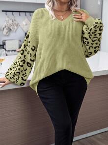 EURMUSE Áo len hở vai họa tiết da báo chắp vá cỡ lớn dành cho nữ - Màu xanh Ô liu - Xem 4