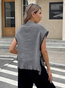 Serisse 休闲宽松女士针织毛衣背心，适合秋冬季日常穿着 - 灰色 - 查看 2