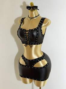 Mistrie 女士新款无袖性感方领吊带背心裙，饰有铆钉刺绣设计，低腰露肩迷你蓬蓬裙，搭配PU皮革套装，朋克风街头服饰，万圣节节日女装套装。 - 黑色 - 查看 4