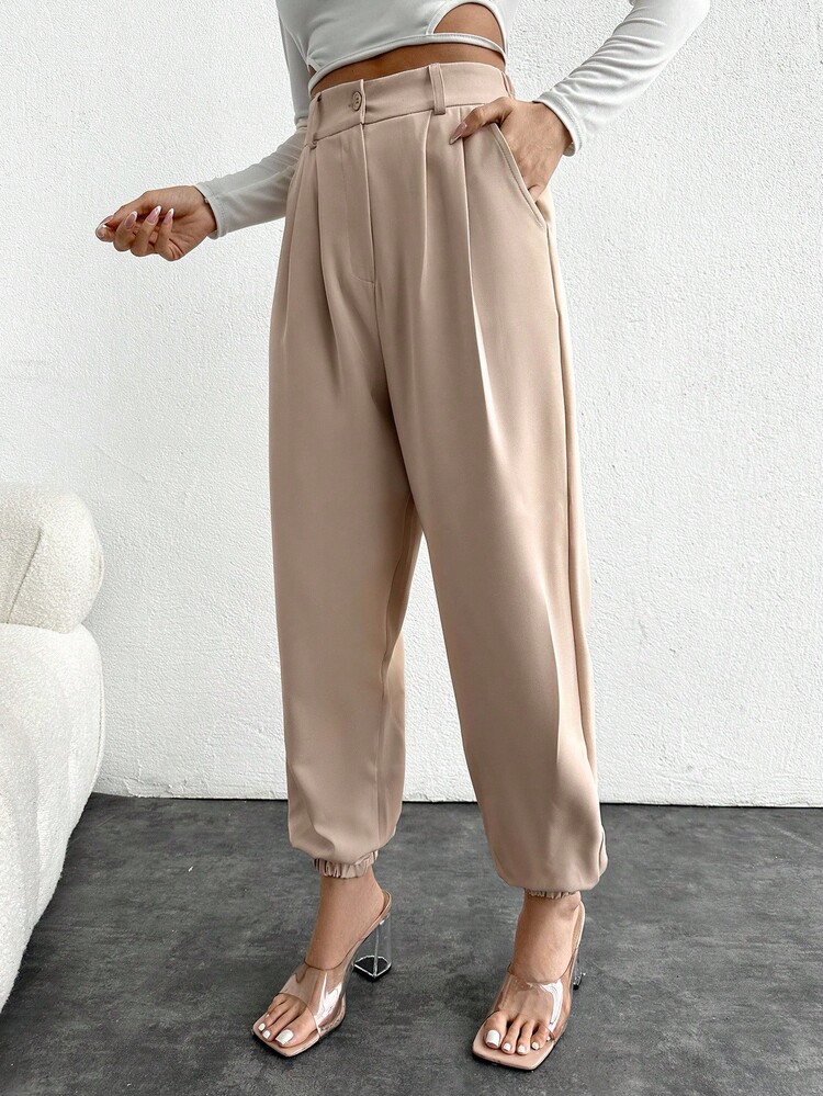 Cottnline Women's Solid Color Pleated Cuffed Cropped Pants - Beige - View 5