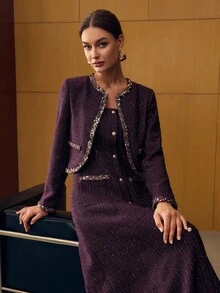 MOTF PREMIUM BỘ ÁO KHOÁC VỎ KIM LOẠI VÀ ĐẦM CẮT CỜ VẢI TWEED TƯƠNG PHẢN - Màu Đỏ Sâu - Xem 6