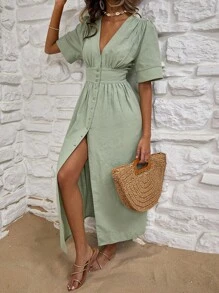 RueChic 具麻紋質感及歐風褶摺設計的鈕扣連身長裙