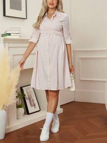 SHEIN Maternity Casual Commuter Striped Front Button Nursing Dress - Khaki - View 6