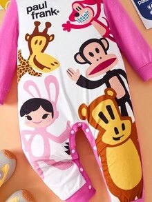 Paul Frank X SHEIN Bộ đồ liền thân dài tay dài cổ tròn in hình khỉ hoạt hình dễ thương cho bé trai màu hồng thoải mái - Hồng - Xem 6