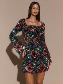 SHEIN BAE 纯黑色性感方领长袖露背简约优雅亮片迷你连衣裙、小黑裙、鸡尾酒会、亮片黑色连衣裙、露背连衣裙、派对、万圣节、优雅连衣裙 - 黑色 - 查看 9