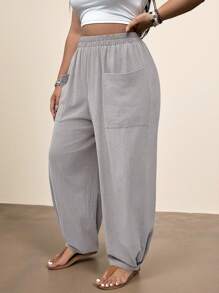 Freevana Plus Size Light Grey Woven Fabric Casual Long Pants With Pockets - Light Grey - View 1