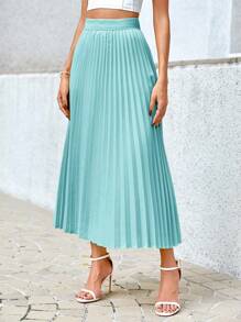 SHEIN Privé Váy công sở thanh lịch xếp ly eo thun màu trơn cho nữ - Màu xanh Cadet - Xem 3