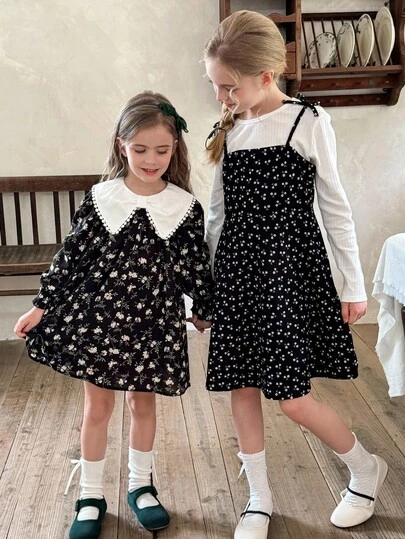 LMoss Kids 2 件套青少年女孩针织纯色圆领 T 恤和碎花针织吊带裙套装