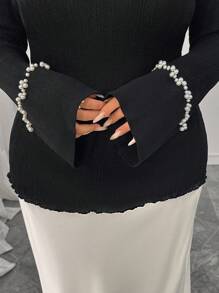 Modelyn Plus Size Women's Casual Fashionable Pearl Decor Long Sleeve Fitted Sweaters Fall Winter Cloth For Women Autumn - Black - View 7