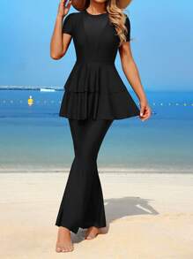 Swim Mulvari 全新夏季女式圆领短袖收腰双下摆连衣裙 + 直筒裤黑色休闲度假两件套 - 黑色 - 查看 1