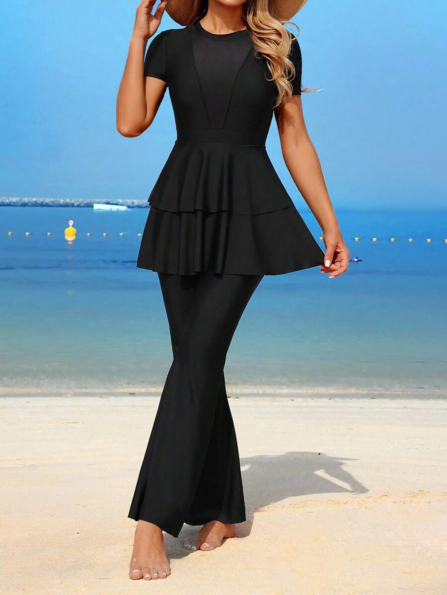 Swim Mulvari 全新夏季女式圆领短袖收腰双下摆连衣裙 + 直筒裤黑色休闲度假两件套 - 黑色 - 查看 1