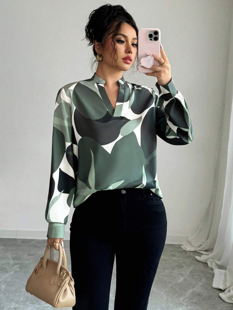Elenzga 休闲拼色印花缺口领衬衫，适合春秋季节 - 橄欖綠 - 查看 1