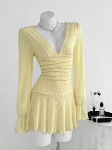 SHEIN Unity 2pcs Women's Casual Daily Solid Color Knitted Textured Cream Yellow Deep V Bubble Ruffle Long Sleeve Fashion Mini Dress + Safety Shorts, Autumn - Yellow - View 1