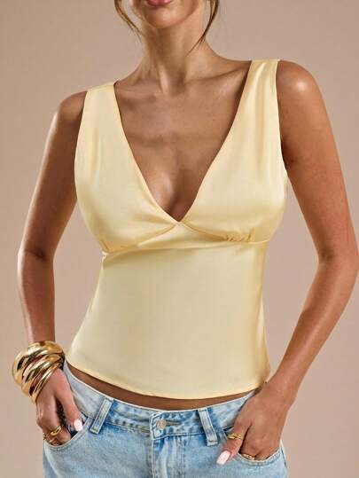 SHEIN x Tata & Beatriz SHEIN BAE Yellow Satin V-Neck Tie Back Tank Top , Suitable For Vacation, Beach , Music Festival , Brunch , Wedding Guest Attire, Bridesmaid , Spring Summer