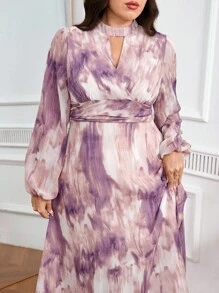 Modelyn Plus Size Women's Tie-Dye Print Keyhole Neck Lantern Sleeve Elegant Dress