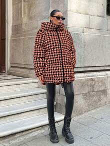 EURMUSE Pied De Poule Printed, Keep Warm Feature, Draw String Hem Detailed Puffer Winter Coat - Multicolor - View 1