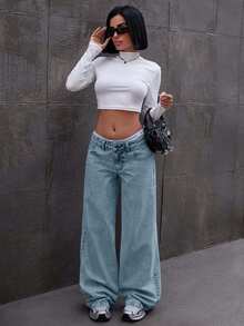 EURMUSE 蝴蝶结低腰阔腿牛仔裤 - 淺藍色 - 查看 6