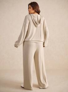 Elaquor Plus Size Solid Color Minimalist Casual Hoodie Long Sleeve Top And Pants 2 Pieces Set Fall - Grey - View 2