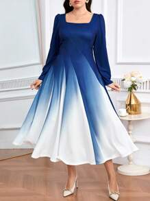 Modelyn Đầm dài tay cổ vuông ombre thời trang thanh lịch cỡ lớn dành cho nữ - Nhiều màu - Xem 1