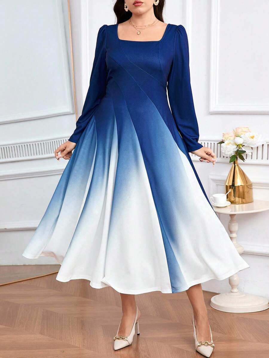 Modelyn Đầm dài tay cổ vuông ombre thời trang thanh lịch cỡ lớn dành cho nữ - Nhiều màu - Xem 1