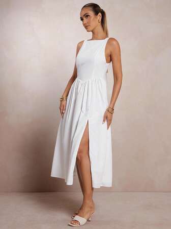 L'Amorae Sleeveless Square Neck Tie Back Bow Detail Fit And Flare Midi Dress With Slit