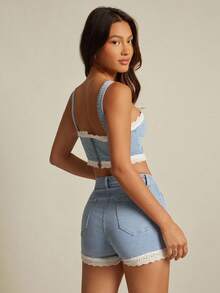 WESTFADE Western Mixed Media Cotton Blend Denim & Summer Floral Eyelet High Rise A Line Ruffle Shorts Back To School Cute Fall Country Summer Beach Vacation - Light Wash - View 2