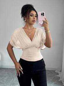 Selianne 女士春夏网眼弹力针织衬里优雅度假海滩通勤休闲法式浪漫交叉褶皱聚拢肩袖腰部褶皱抽绳荷叶边下摆 T 恤 - 杏色 - 查看 6