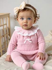 SHEIN 2pcs Baby Girls'  Casual Cute Sweater Dress And Knit Leggings Set, Featuring Twisted Cord, Lace Trim, Bow Details, Soft Knit, Suitable For Daily, Outdoor, Travel, Holiday, Home, Daycare And Playtime Occasions - Pink - View 3