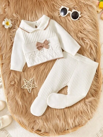 2 件套女婴针织毛衣和裤子套装，长袖，蝴蝶结装饰，象牙白，柔软面料，适合日常、户外、旅行、度假、居家、日托、儿童玩耍