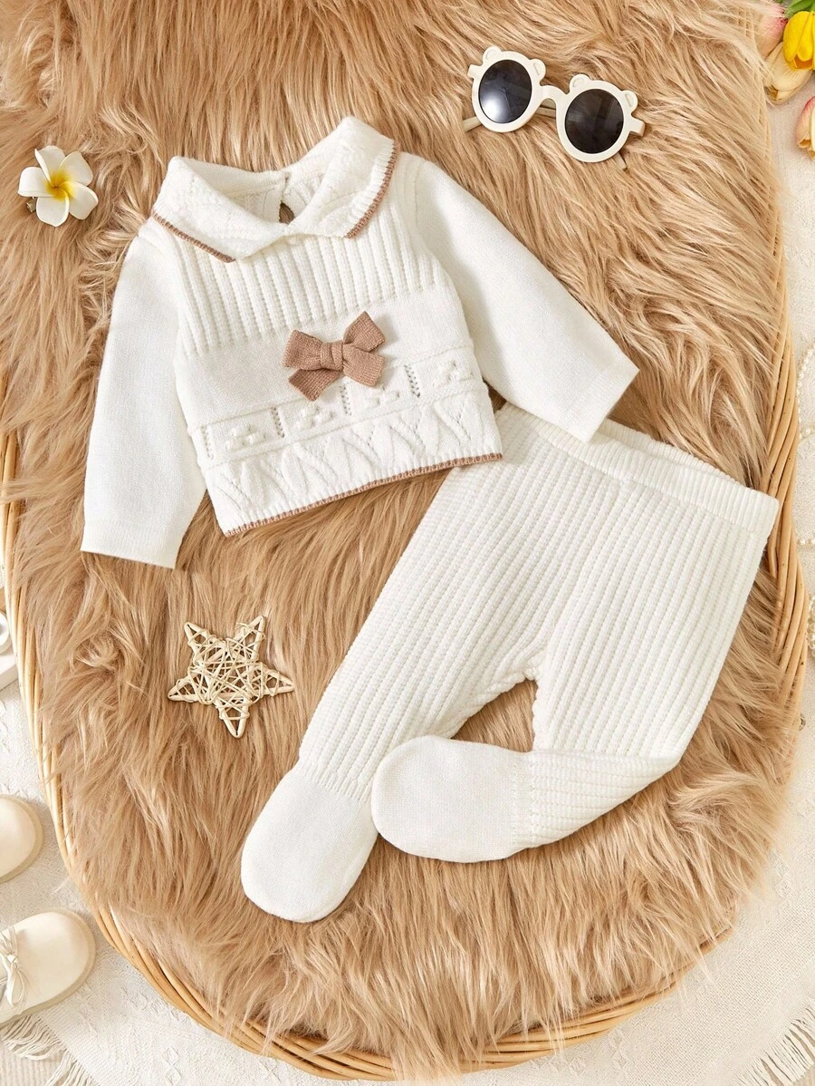 2 件套女婴针织毛衣和裤子套装，长袖，蝴蝶结装饰，象牙白，柔软面料，适合日常、户外、旅行、度假、居家、日托、儿童玩耍 - 白色 - 查看 1