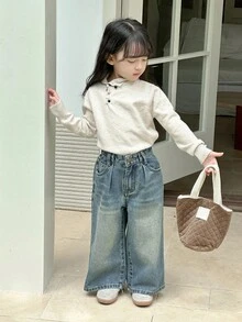 DAZY 年轻女孩街头休闲韩版水洗宽松阔腿长款牛仔裤 - 藍色 - 查看 3